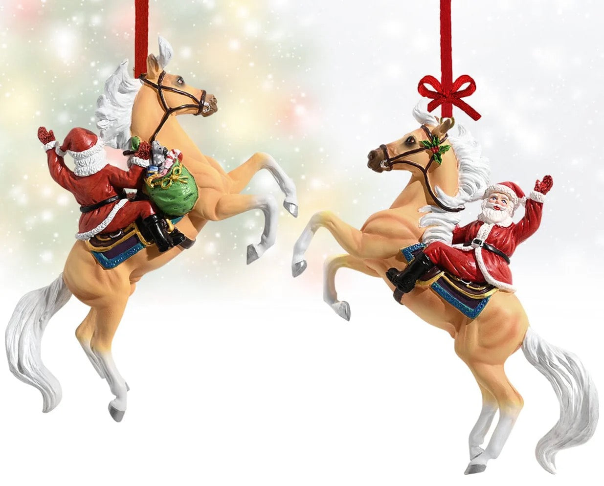 Front and back view of a Christmas ornament hanging from a red satin bow.  Santa is waving from atop a beautiful palomino horse.
