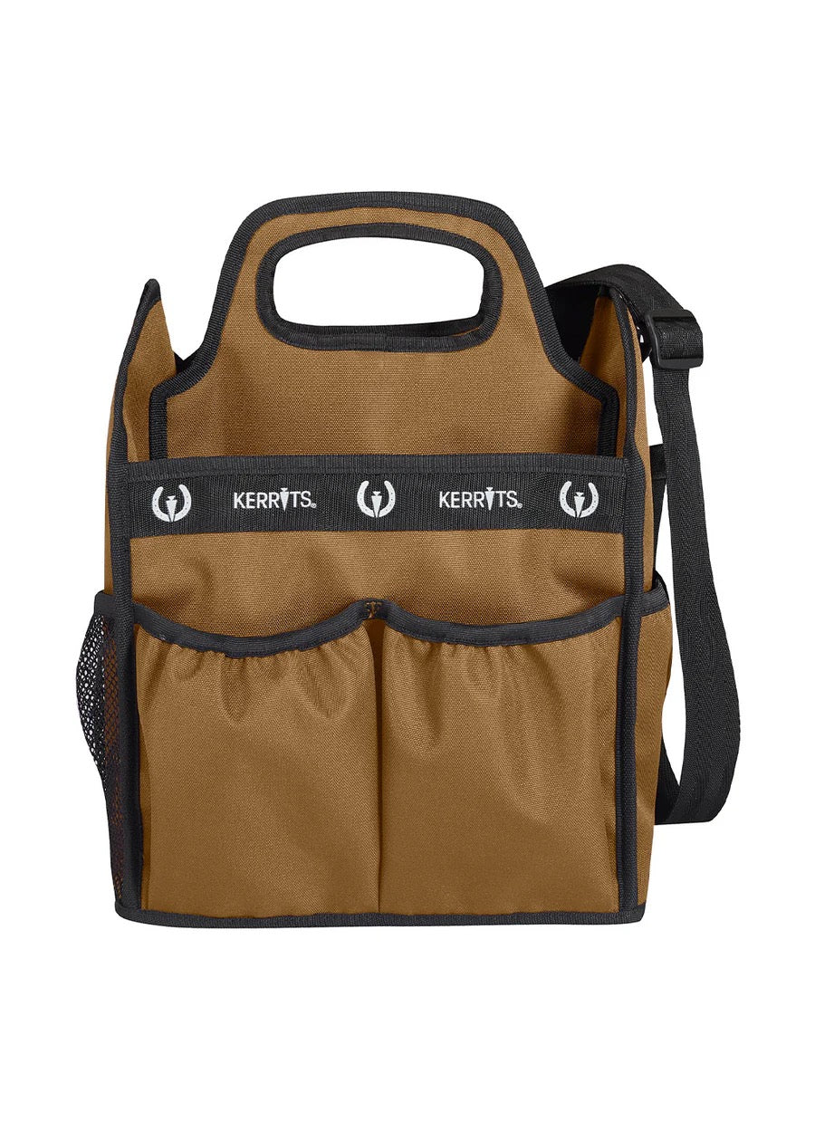 Kerrits branded equestrian grooming tote, Tan with black trim. Handles and shoulder strap.