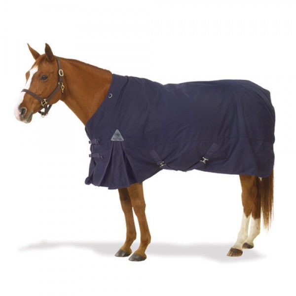 Chestnut colored horse wearing a navy turnout blanket. Pleated shoulders, buckled at front and under belly