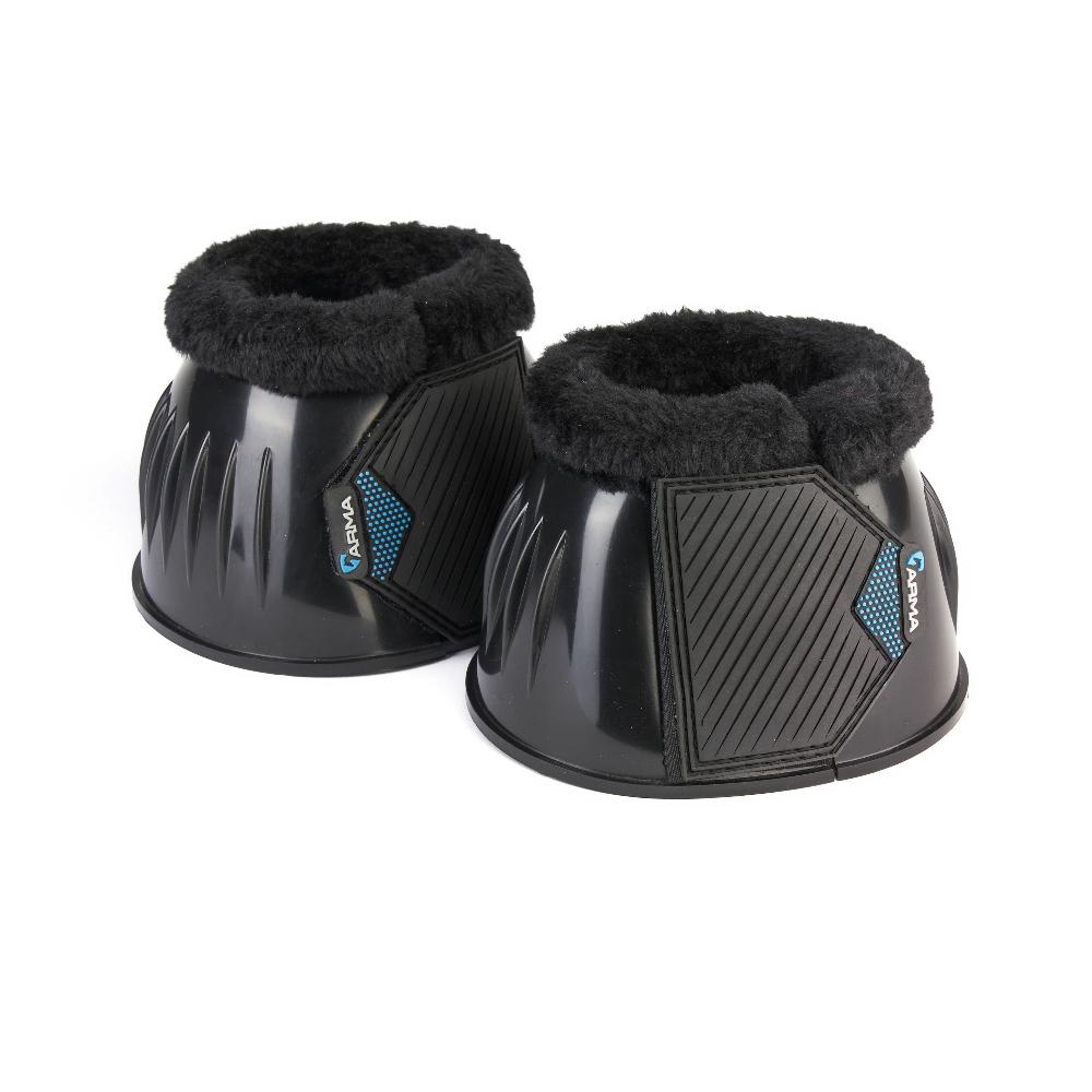 Black equine bell boots with black fleece on top. Arma logo