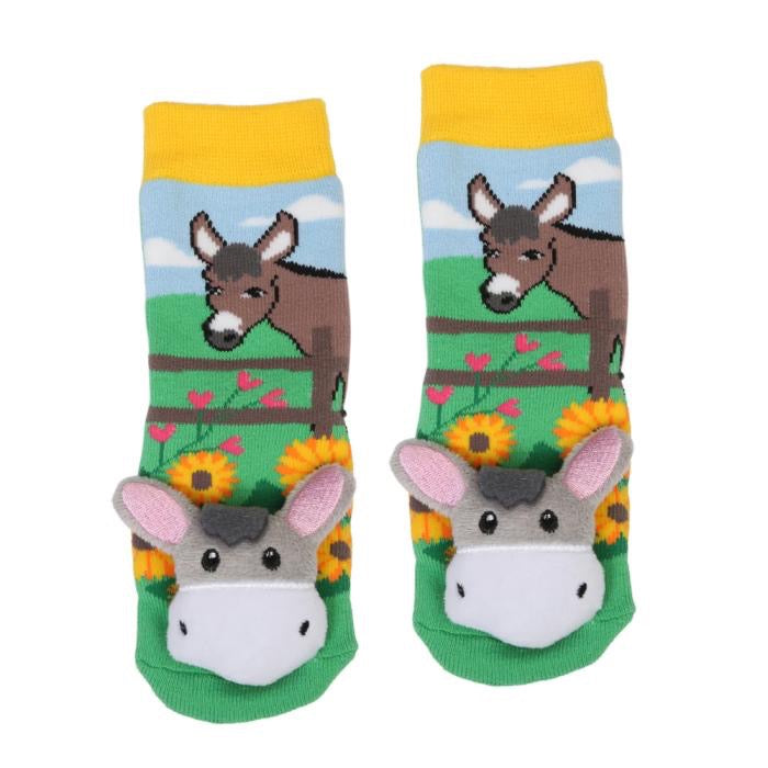 Colorful pair of baby socks with little stuffed donkeys on the front