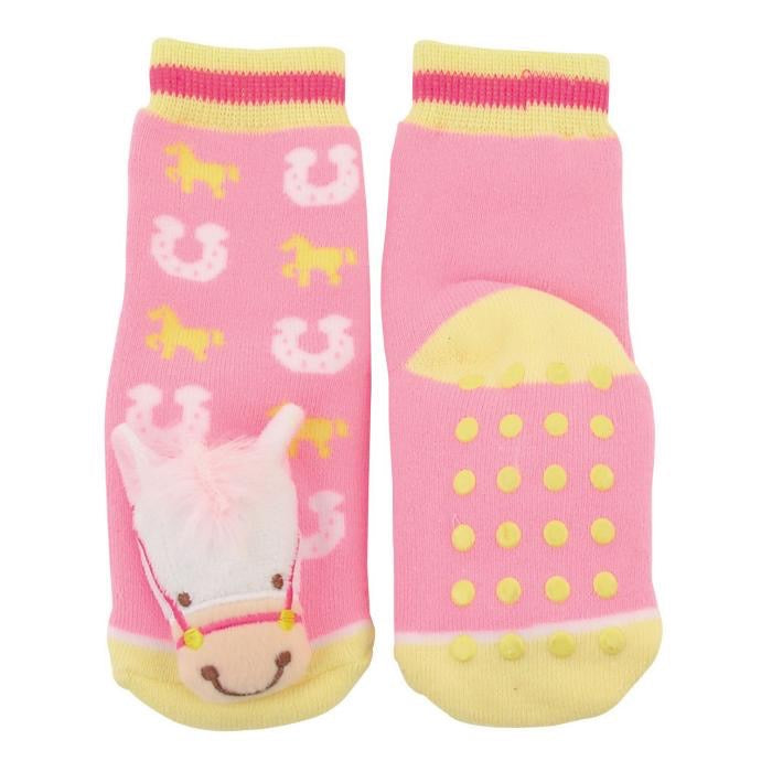Pink pair of baby socks with little stuffed horse on the front. Second sock shows sticky dots on bottom of foot