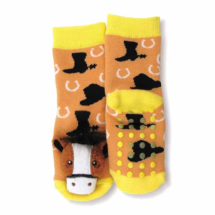 Brown and yellow pair of baby socks with little stuffed horse on the front. Second sock shows sticky dots on bottom of foot
