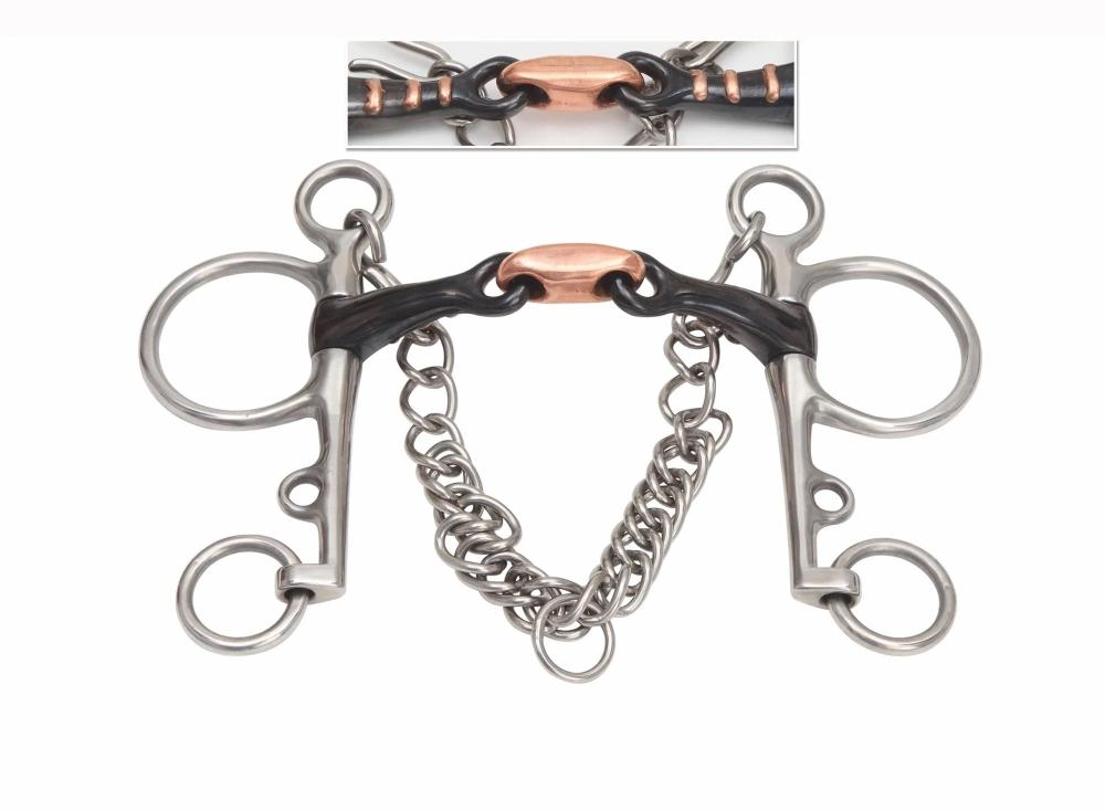 Pelham bit show with curb chain. Dark sweet iron bit with copper lozenge
