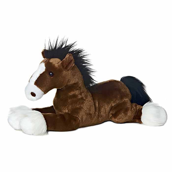 Child's stuffed animal. A bay colored clydesdale horse with white socks and blaze.