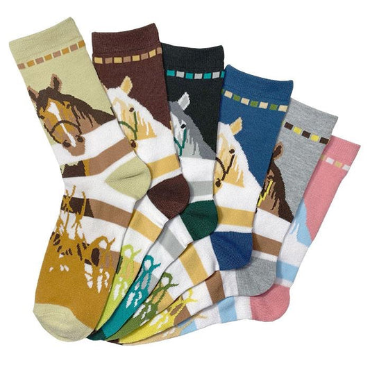 Six crew socks in varying colors all featuring colorful horses looking over a fence.