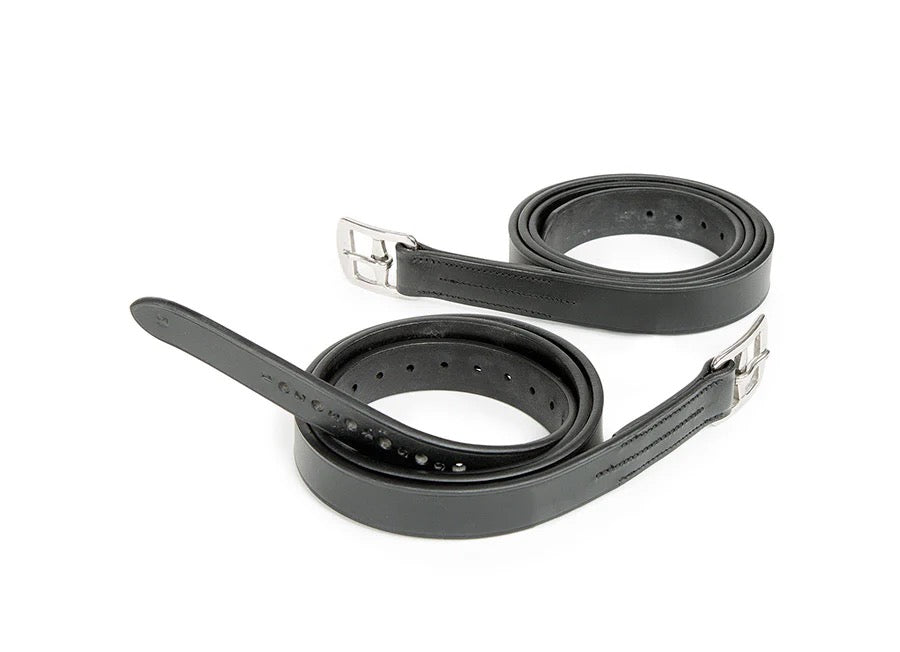 pair of dark leather english stirrup leathers with silver buckles