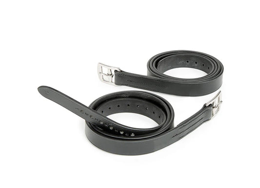 pair of dark leather english stirrup leathers with silver buckles