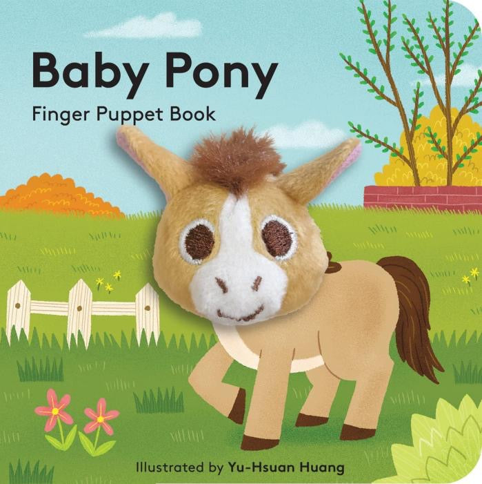 Book cover for baby's finger puppet book. Shows a tan colored pony in a grass field.