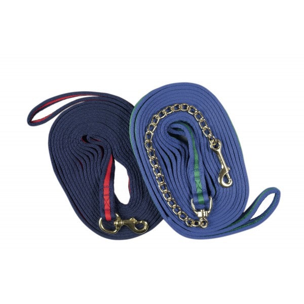 two blue lunge lines with loop end. one has a chain and one does not