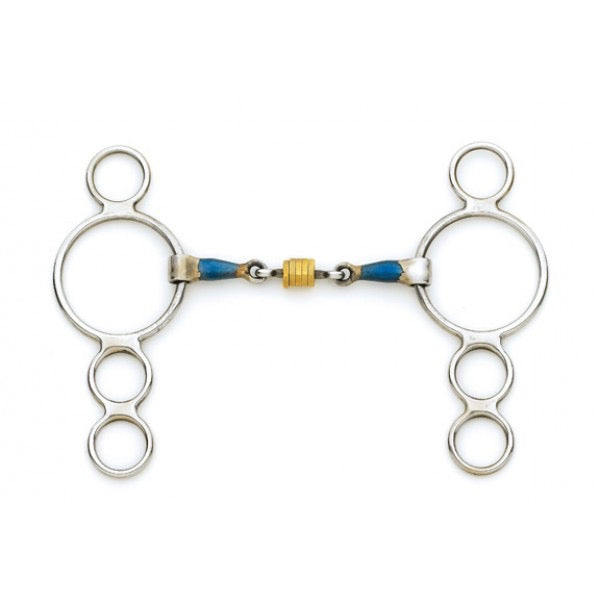 Equine bit. 3 ring gag with blue steel and brass loose rings