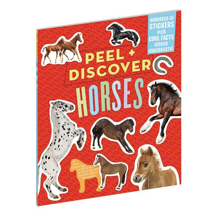Cover of Peel and Discover Horses book. A variety of horses displayed on a red background