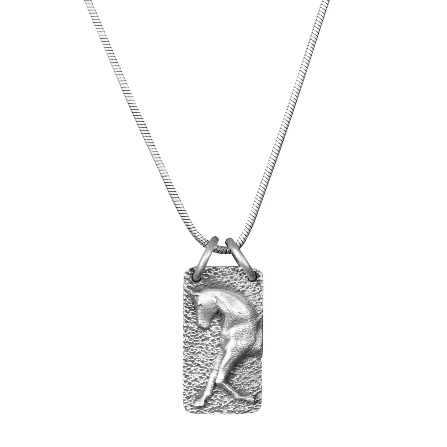 silver chain with a rectangular pendant with a raised image of a horse in an extended trot