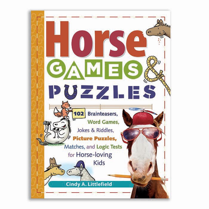 Book cover for Horse Games & Puzzles with a few silly cartoon horses.
