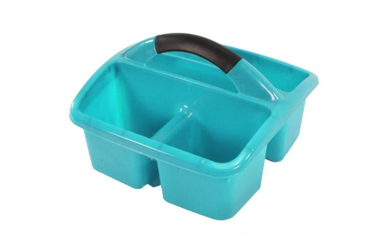 showing an aqua blue plastic tote with 3 compartments. Black handle