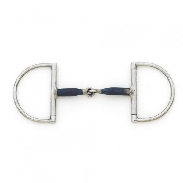 Dee ring, single jointed equestrian bit with blue steel mouth