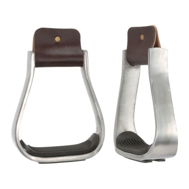 Pair of western style aluminum stirrups with black foot pads and leather at top.