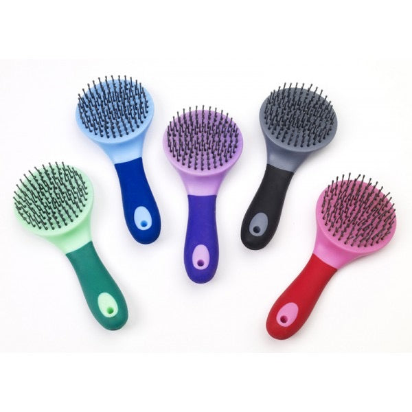 Five equine mane and tail brushes in red, green, purple, blue, and black.