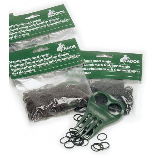three bags of small equine braiding rubber bands picture with a braiding tool/comb