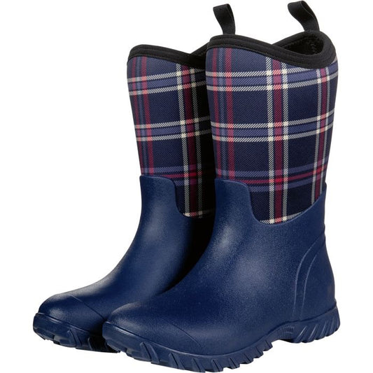 Rain boot with navy plaid pattern on calf and solid navy on shoe.  Mid calf hight.