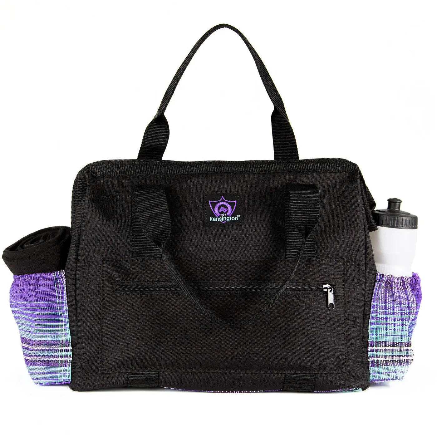 Black tote bag with purple accents on a white background