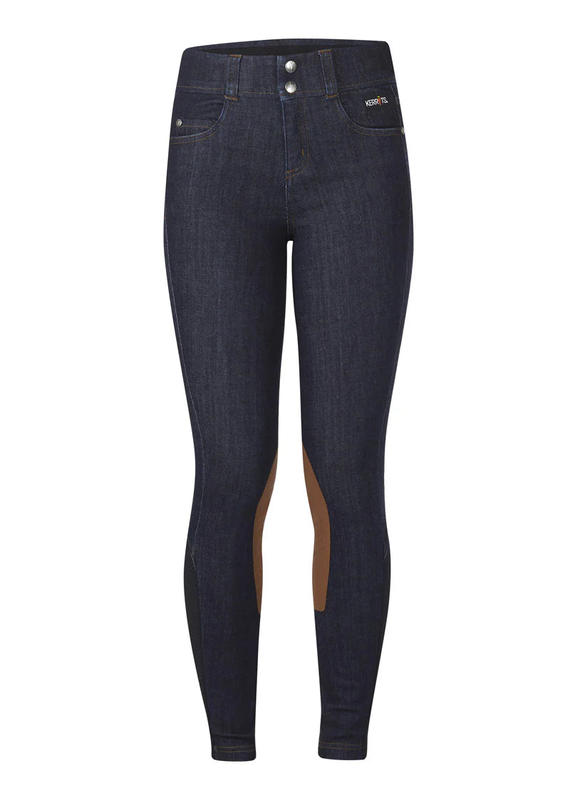 Navy denim riding breech with tan knee patch