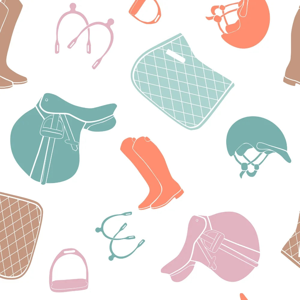 print of muted colored equestrian items - helmet, saddle, saddle pad, etc