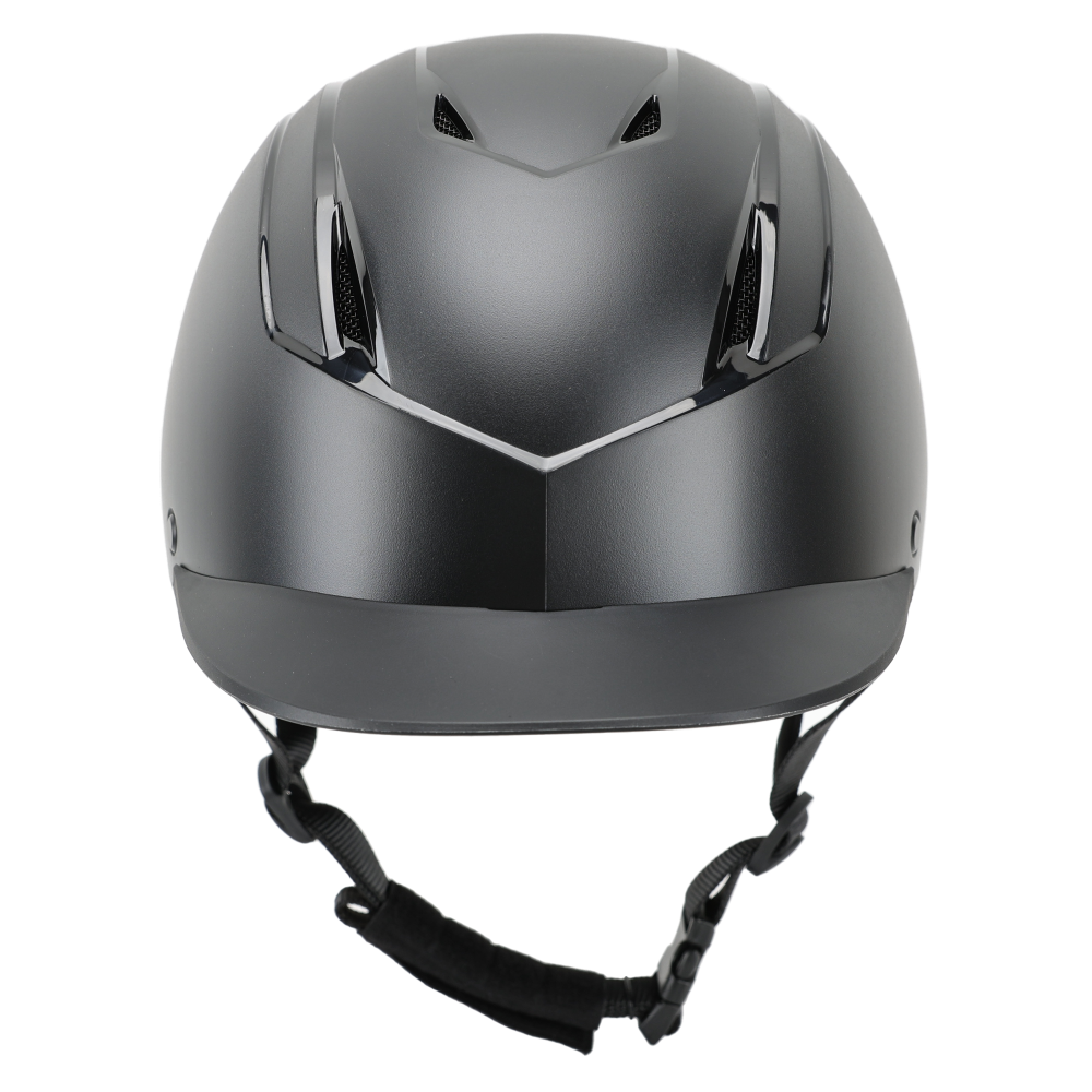 Front on view of a black equestrian riding helmet