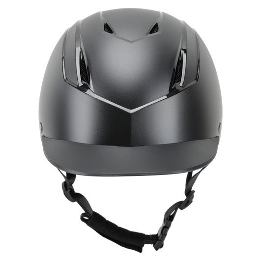 Front on view of a black equestrian riding helmet