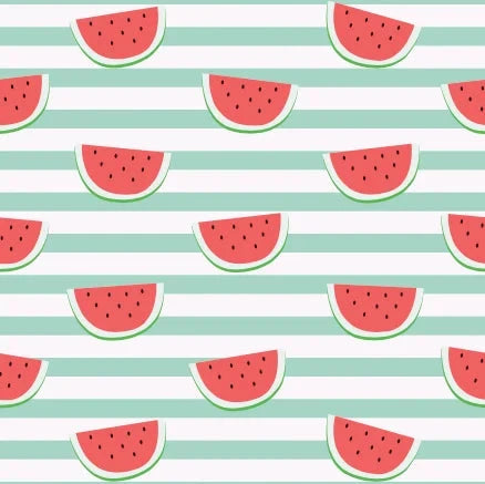 print of green and white horizontal stripes with watermelon slices