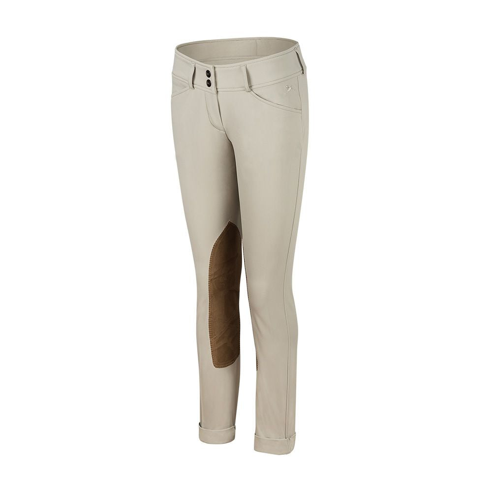 Tan riding jodhpurs with darker knee patch. Zip front with belt loops.