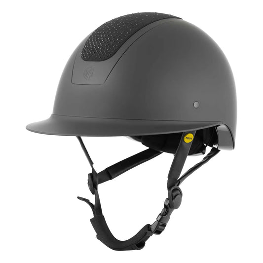 Black riding helmet with a black crystal embelishment on a white background