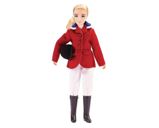 Doll in equestrian outfit with red coat, white pants, and black boots on a white background