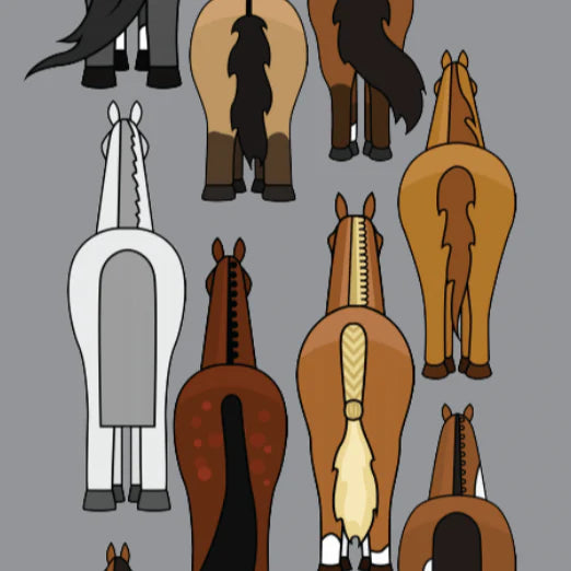 Illustrations of horses butts on a gray background