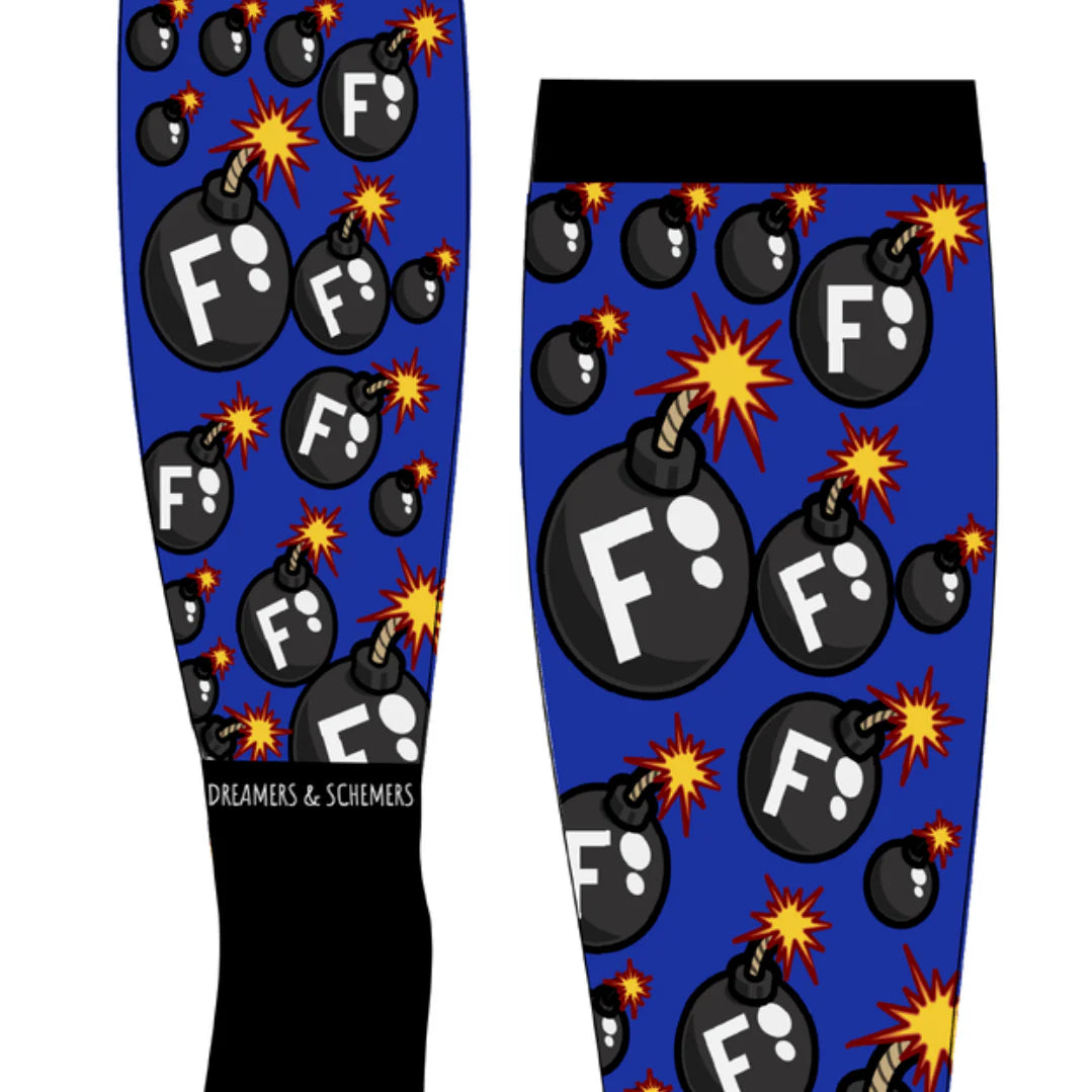 Leggings with bomb pattern and 'F' symbol on a blue background, brand 'Dreamers & Schemers' visible.