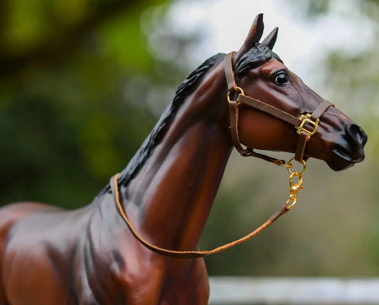 Close-up of a brown model horse with a halter and lead rope against a blurred green background