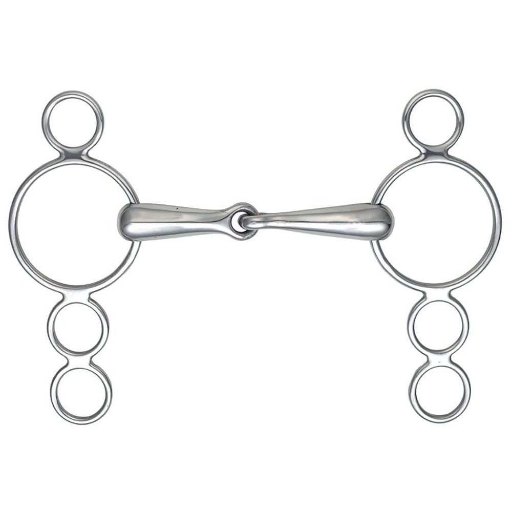 stainless steel horse bit with three rings on either side and joined snaffle in the middle