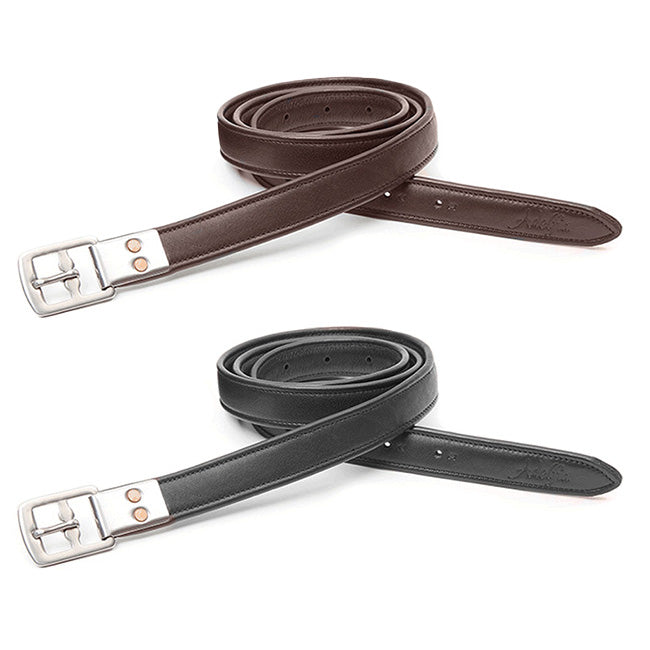 two rolled stirrup leathers one in brown and other in black, on white background