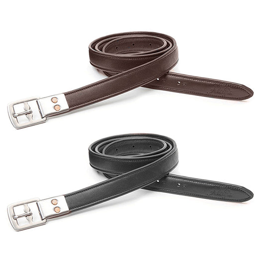 two rolled stirrup leathers one in brown and other in black, on white background