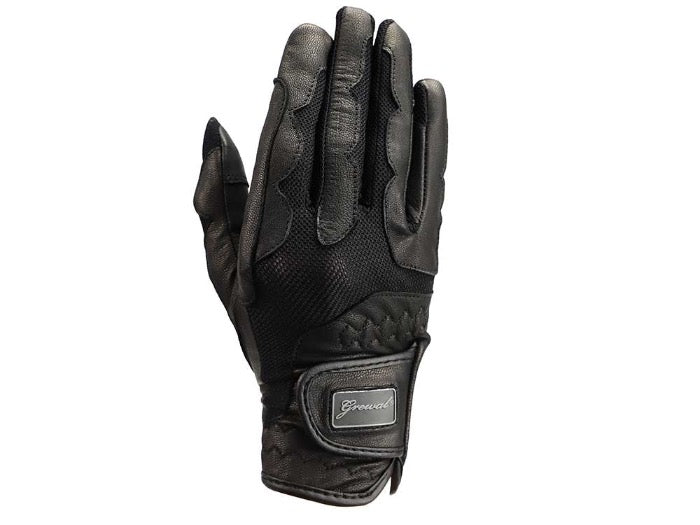 front view of black horse riding glove on white background