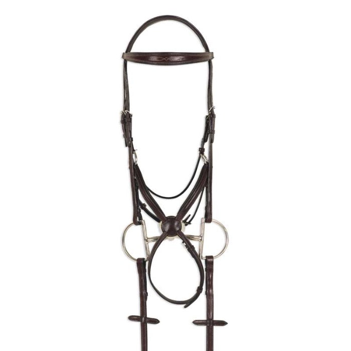 front view of anatomical figure 8 horse bridle shown with dee bit and reins