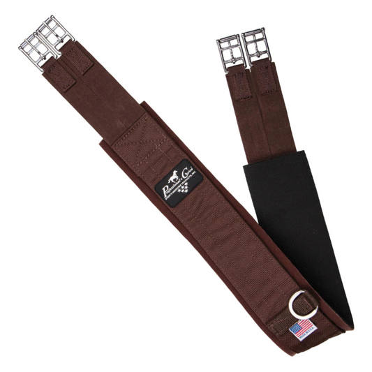 view of an english style riding girth bent in half to show inside and out