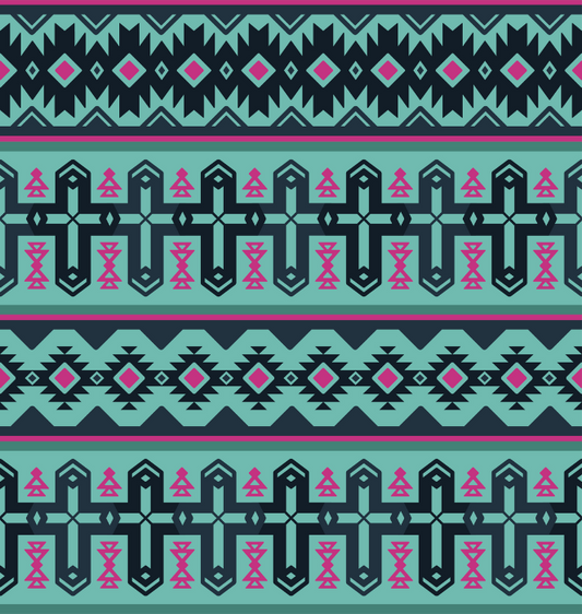 teal, pink, and black aztec print