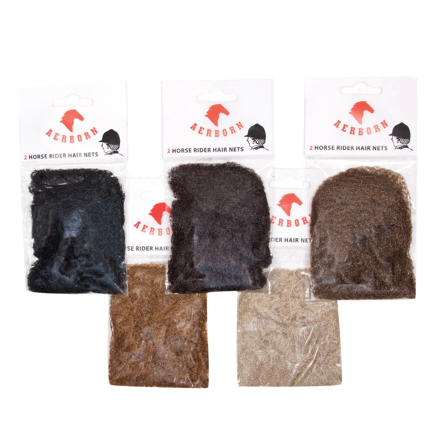 five different packages with different color hair nets, black, dark brown, light brown, red, blonde, all on a white background.