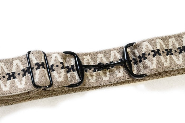 Tan, black, white equestrian belt with black buckle