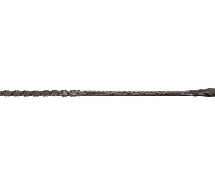 horizontally pictured equestrian Havana leather fancy stitched reins on white background