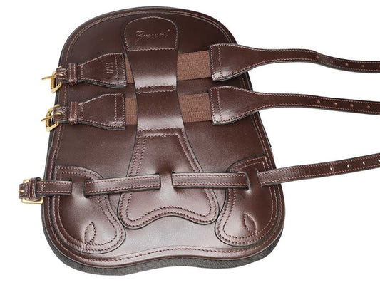 top view of equestrian brown leather front triple buckle boot