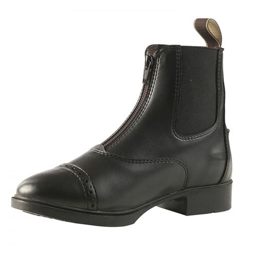 left view of brown kids leather riding boot on white background