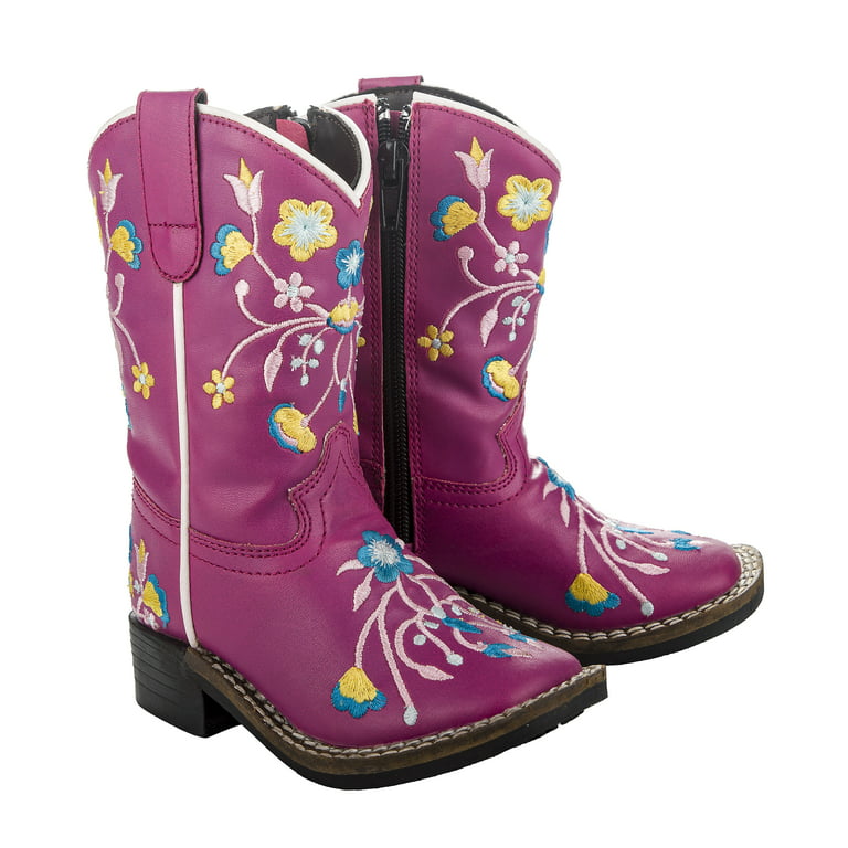 right view of two hot pink equestrian western boots with white stitching and yellow and blue flower details with brown bottoms and heel on white background