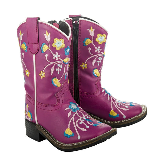 right view of two hot pink equestrian western boots with white stitching and yellow and blue flower details with brown bottoms and heel on white background